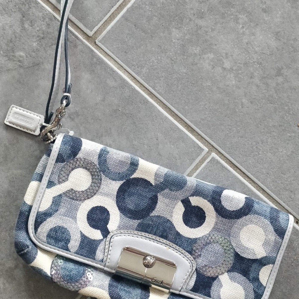 Coach Kristin Op Art Sequin Blue Canvas Wristlet